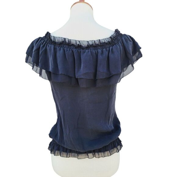 White House Black Market Black Top Off Shoulder Blouson Flutter Silk Blouse XS - Picture 1 of 6